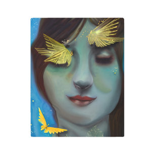Serene Woman with Gold Fairylike Butterflies Metal Print