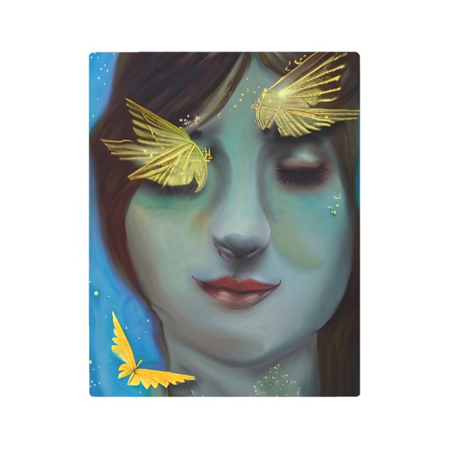 Serene Woman with Gold Fairylike Butterflies Metal Print (Front)