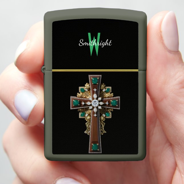 Serene Wooden Cross with Green & White Stones Zippo Lighter (In Hand)