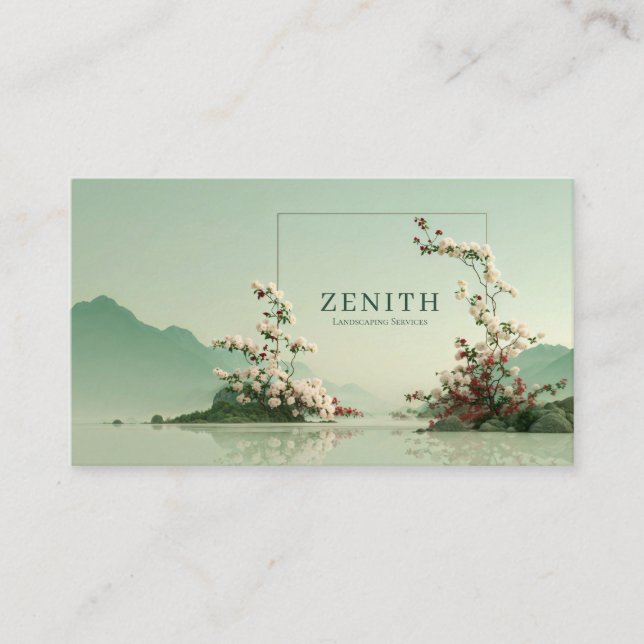 Serene Zen Mountain Lake White Floral Branches Business Card (Front)