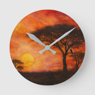 Serengeti Savanna Sunset Ink art Round Clock