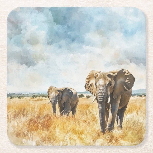 Serengetti Elephants Square Paper Coaster (Front)