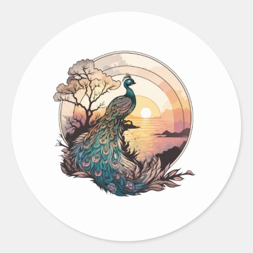 Serenity at Sunrise Peacock Inspired Artwork Classic Round Sticker