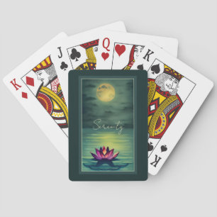 Serenity - Beautiful Lotus Flower and a Full Moon Poker Cards