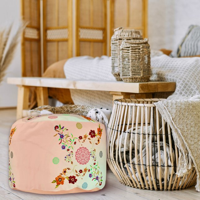 Serenity Blooms Watercolor Bliss Boho Pouf (Embrace floral elegance with our Serenity Blooms pouf.)