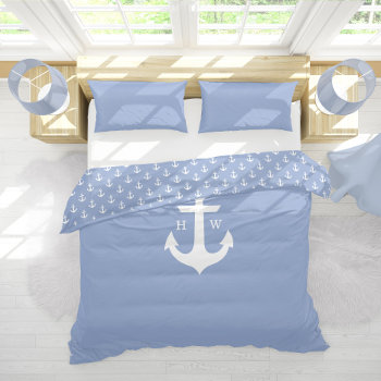 Serenity Blue Anchor Nautical Monogram Duvet Cover by heartlockedhome at Zazzle
