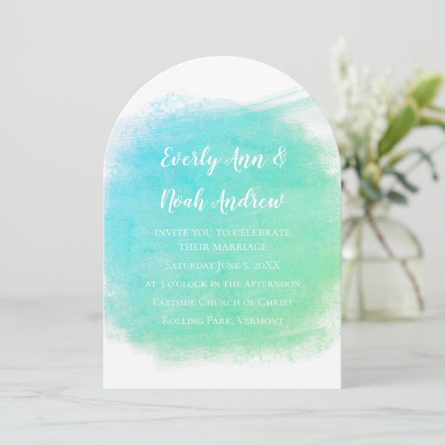Serenity Blue and Green Watercolor Wedding Invitation (Standing Front)