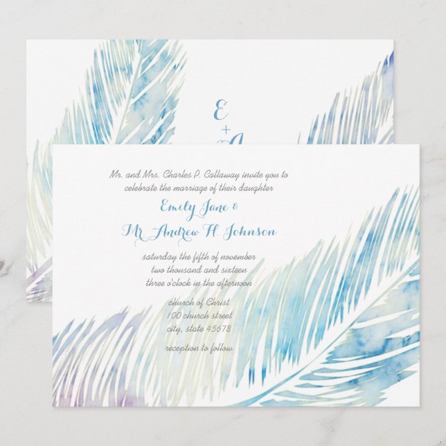 Serenity Blue and Purple Watercolor Feather Invitation (Front/Back)