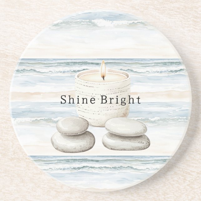 Serenity Blue Beach Ocean Candle Rocks Coaster (Front)