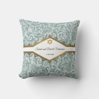 Serenity Blue Brocade Gold Lace Wedding Gift Throw Pillow