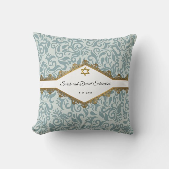 Serenity Blue Brocade Gold Lace Wedding Gift Throw Pillow (Front)
