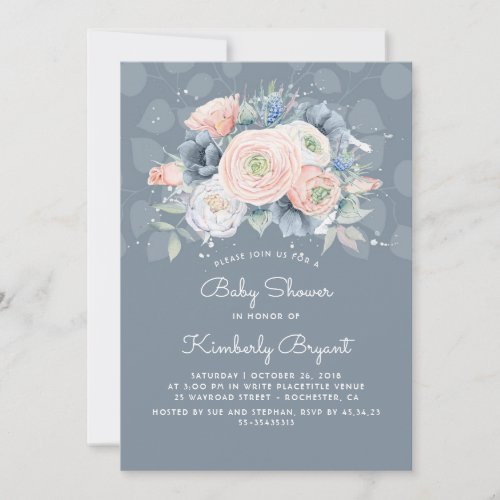 Serenity Blue Peach and Rose Floral Baby Shower Invitation