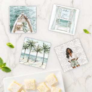 Serenity Calm Ocean Boat Black Hair Coaster Set