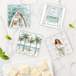 Serenity Calm Ocean Boat Red Hair Coaster Set