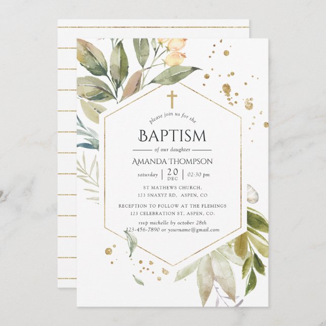 Serenity Greenery Geometric Baptism Invitation (Front/Back)