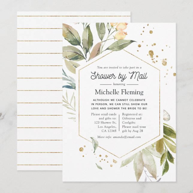Serenity Greenery Geometric Bridal Shower by Mail Invitation (Front/Back)