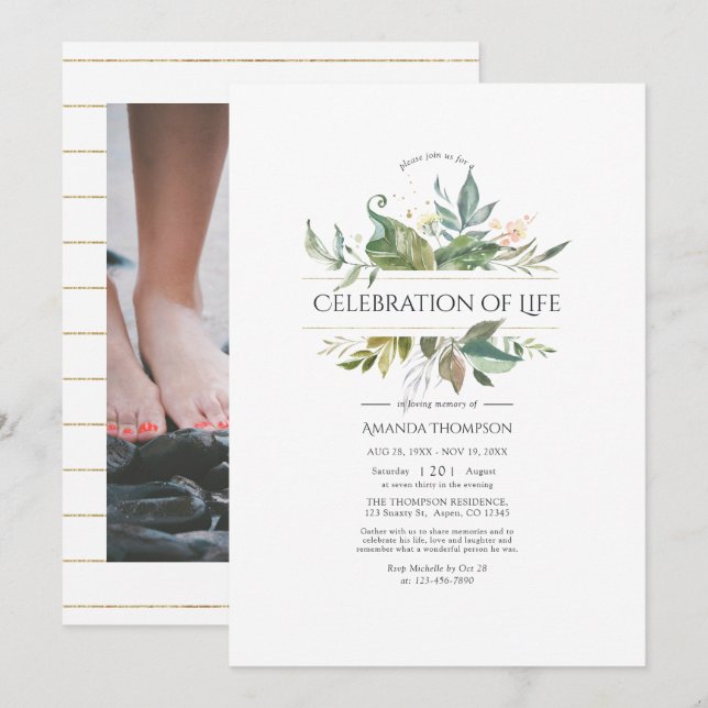 Serenity Greenery Geometric Celebration of Life Invitation (Front/Back)