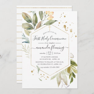 Serenity Greenery Geometric First Holy Communion Invitation