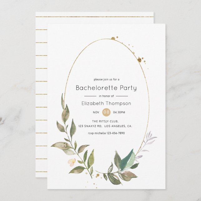 Serenity Greenery Geometric Gold Bachelorette Invitation (Front/Back)