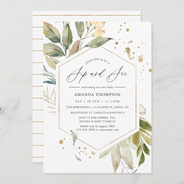 Serenity Greenery Geometric Sip and See Party Invitation (Front/Back)