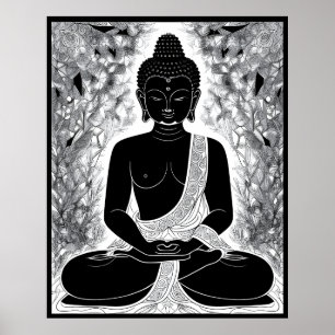 Serenity in Black and White: Buddha's Zen Garden Poster