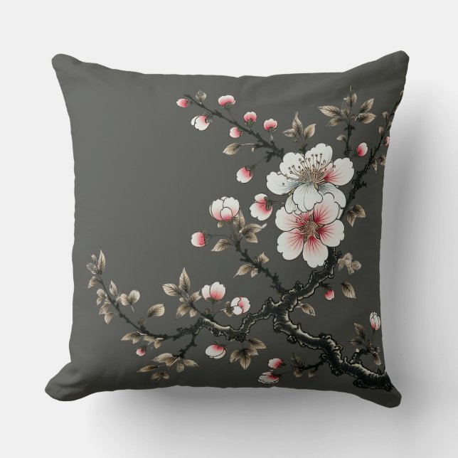 Serenity in Bloom Cherry Blossom Branch (gray) Throw Pillow (Front)