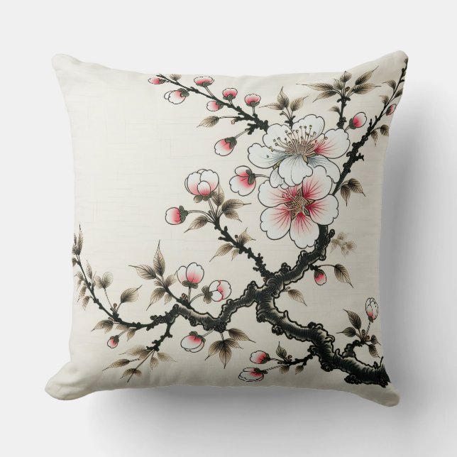 Serenity in Bloom – Cherry Blossom Branch Throw Pillow (Front)