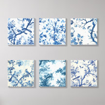 Serenity in Blue: Chinoiserie Bird Art Set