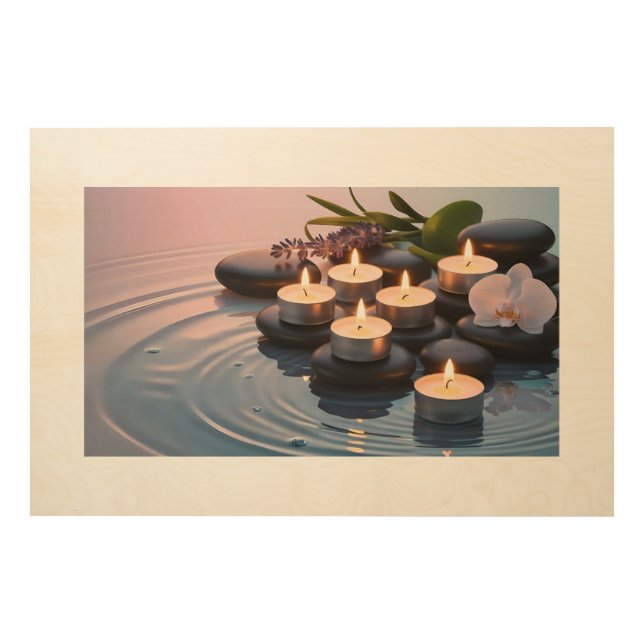 Serenity in Candlelight: A Tranquil Spa Setting Wood Wall Art (Front)