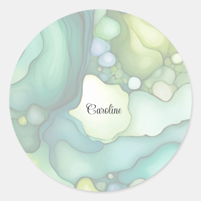 Serenity in Green Abstract Flowing Forms Classic Round Sticker (Front)