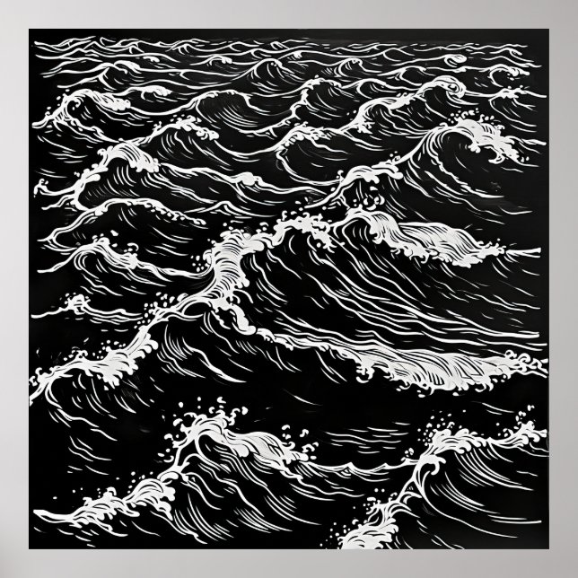 Serenity in Monochrome: Ocean Waves Linocut Poster (Front)