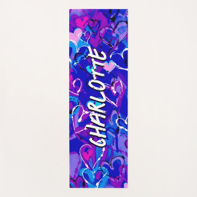 Serenity in Motion: Graffiti Hearts Vibrant Blue  Yoga Mat (Front)
