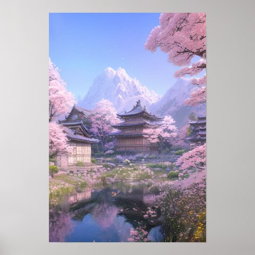 Serenity in Pink Cherry Blossom River Poster