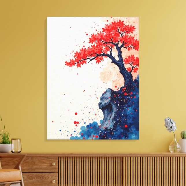 Serenity in Red: Bonsai on Cliffside Canvas Print (Insitu(LivingRoom))