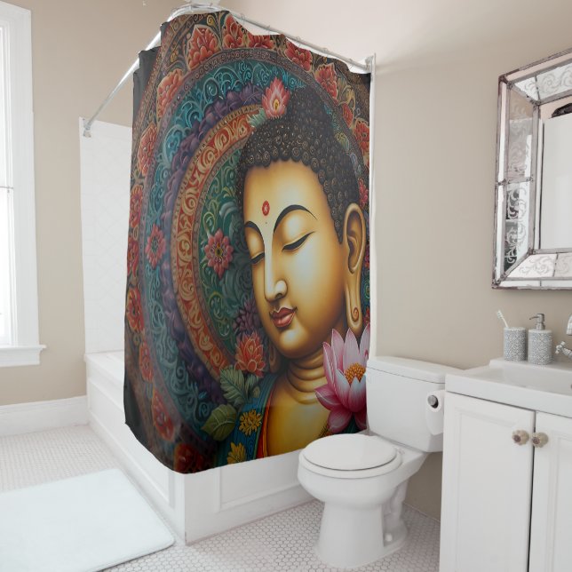 Serenity in Symmetry: Buddha Mandala bathroom Shower Curtain (In Situ)
