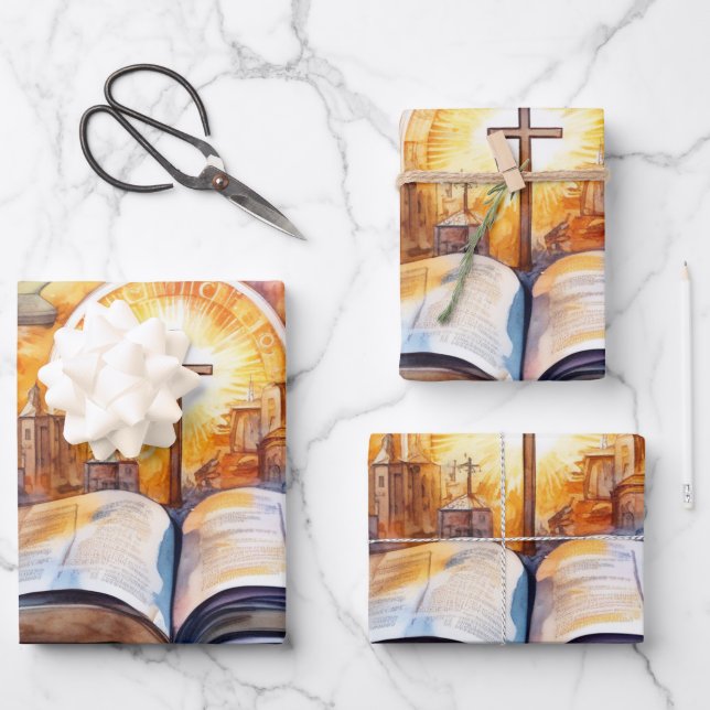 Serenity in Watercolor: Bible and Cross Wrapping Paper Sheets (Front)