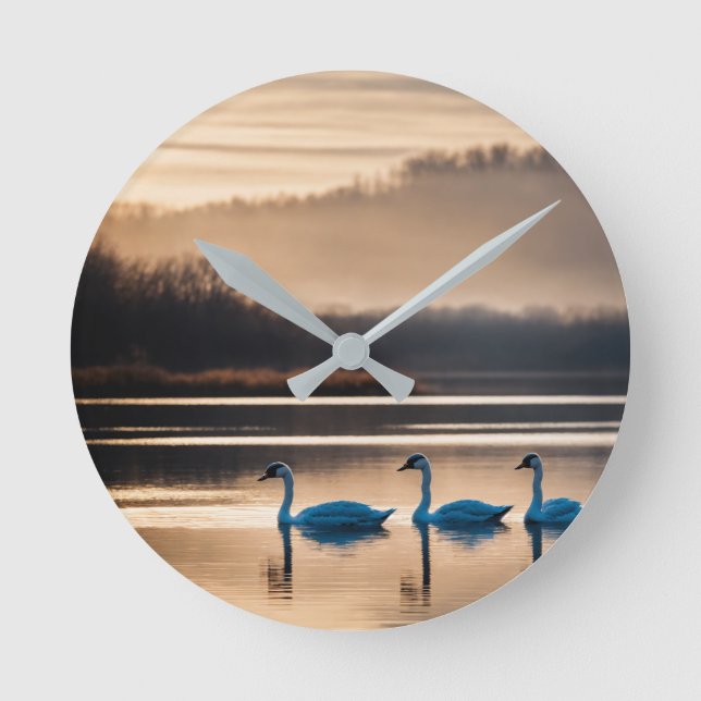 🌿 Serenity of Swans – Abstract Minimalist Lake  Round Clock (Front)