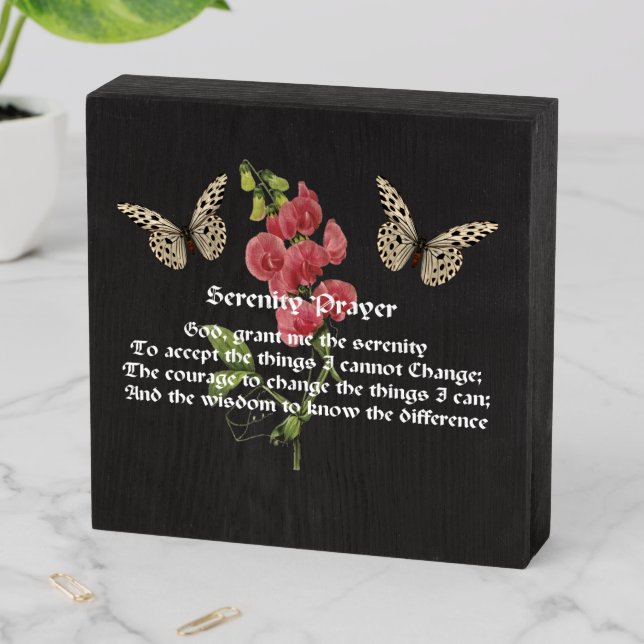 Serenity Prayer And Butterfly Black Inspirational Wooden Box Sign (In Situ Horizontal)