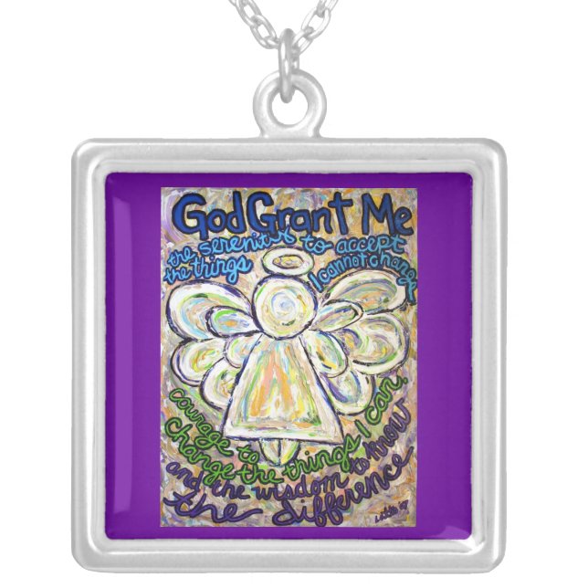 Serenity Prayer Angel Art Silver Charm Necklace (Front)