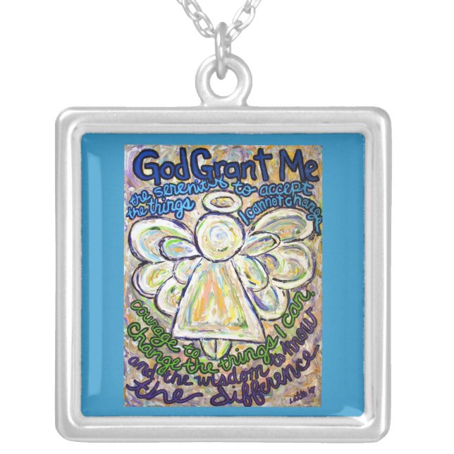 Serenity Prayer Angel Art Silver Necklace Charm (Front)