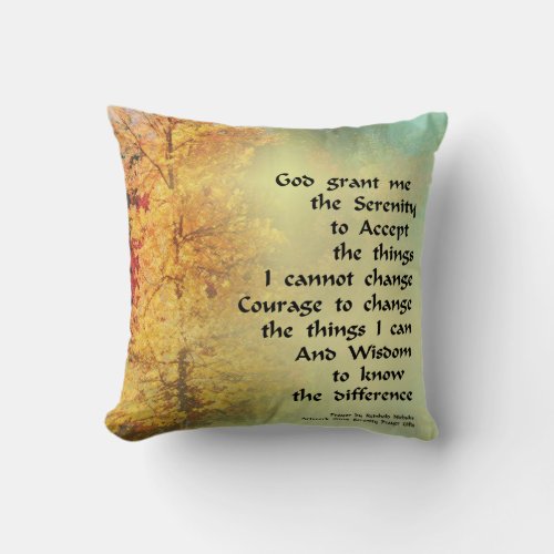 Serenity Prayer Autumn Trees on Green Throw Pillow