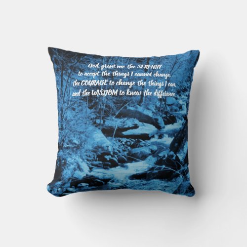 Serenity Prayer Blue Flowing Brook Inspirational  Throw Pillow