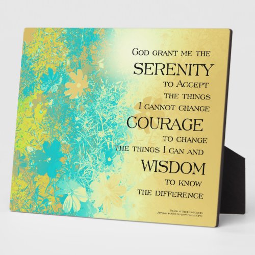 Serenity Prayer Blue Gold Flowers Plaque