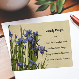 Serenity Prayer Blue Irises Floral Postcard