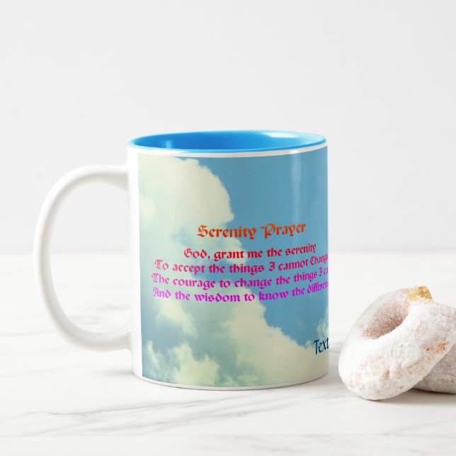 Serenity Prayer Blue Sky Inspirational Two-Tone Coffee Mug (With Donut)