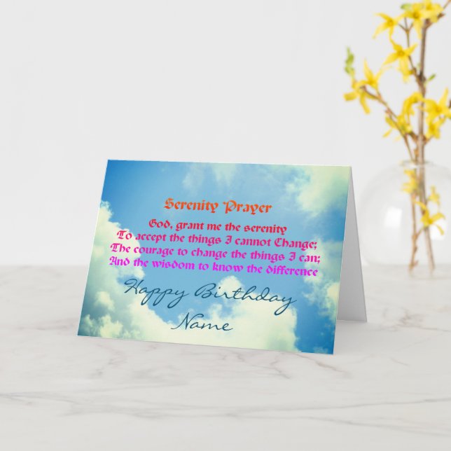 Serenity Prayer Blue Sky Personalized Birthday  Card (Yellow Flower)