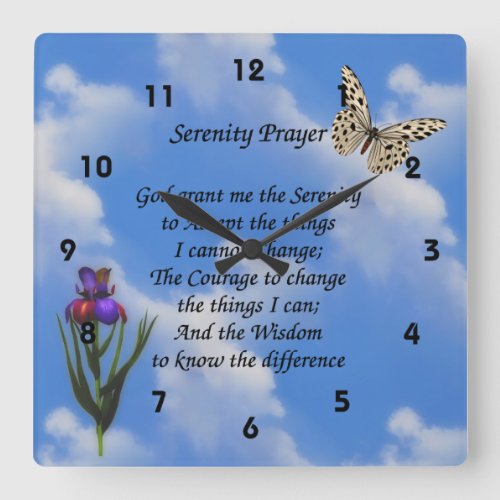 Serenity Prayer Butterfly Flower Inspirational Square Wall Clock