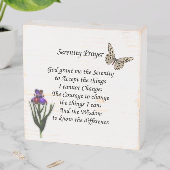 Serenity Prayer Butterfly Iris Inspirational  Wooden Box Sign (In Situ Horizontal)