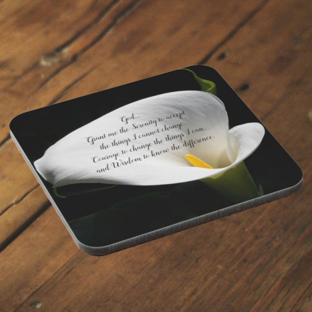 Serenity Prayer Calla Lily Bloom Floral Beverage Coaster (In Situ Angled)