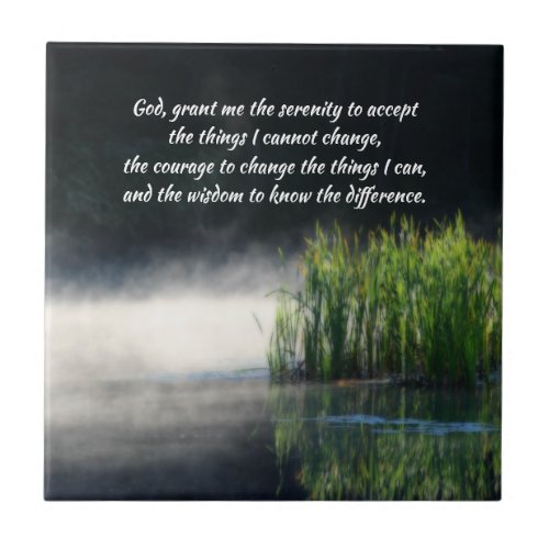 Serenity Prayer Cattails In Mist Inspirational  Ceramic Tile